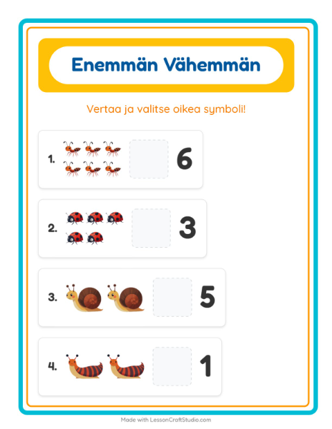 Esikatselu: Enemmän Vai Vähemmän-tehtäväarkki, aiheena Hyönteiset ja ötökät, Varhaiskasvatus