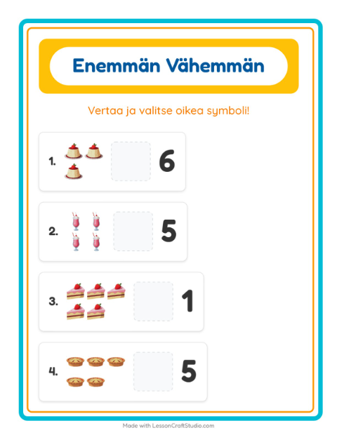 Esikatselu: Enemmän Vai Vähemmän-tehtäväarkki, aiheena Jälkiruoat ja makeiset, Varhaiskasvatus