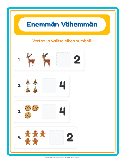 Esikatselu: Enemmän Vai Vähemmän-tehtäväarkki, aiheena Joulu, Varhaiskasvatus