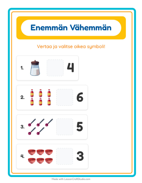 Esikatselu: Enemmän Vai Vähemmän-tehtäväarkki, aiheena Keittiövälineet, Varhaiskasvatus