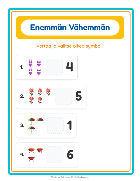 Esikatselu: Enemmän Vai Vähemmän-tehtäväarkki, aiheena Kesä, Varhaiskasvatus