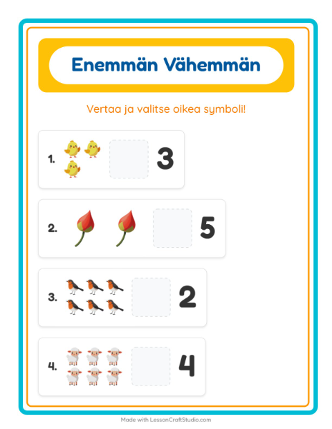 Esikatselu: Enemmän Vai Vähemmän-tehtäväarkki, aiheena Kevät, Varhaiskasvatus