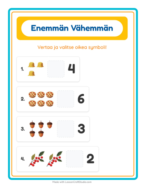 Esikatselu: Enemmän Vai Vähemmän-tehtäväarkki, aiheena Kiitospäivä, Varhaiskasvatus