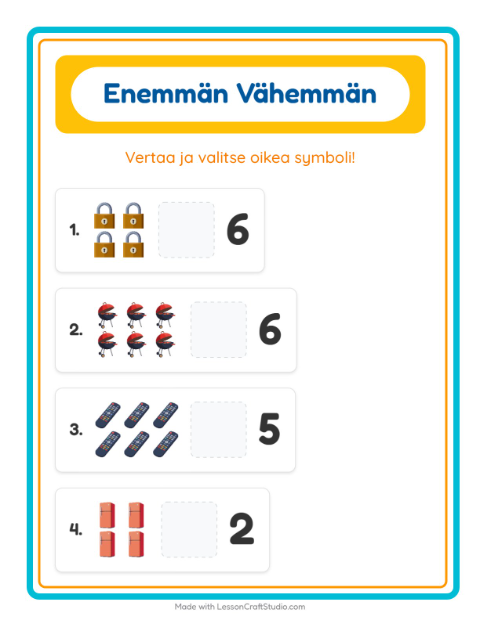 Esikatselu: Enemmän Vai Vähemmän-tehtäväarkki, aiheena Kodin ympärillä, Varhaiskasvatus