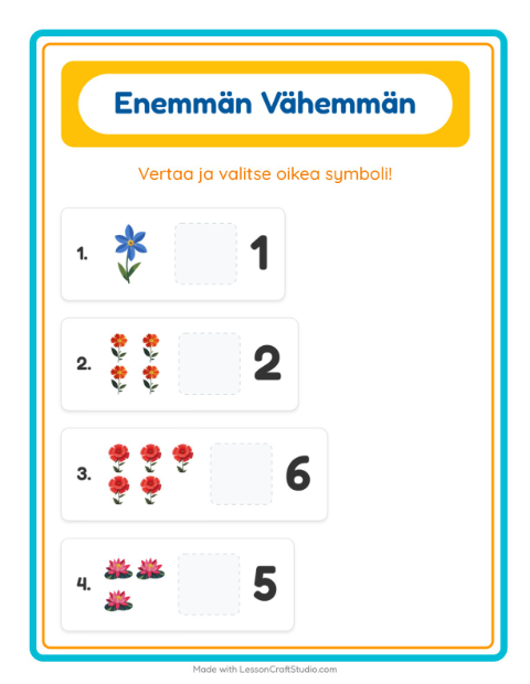 Esikatselu: Enemmän Vai Vähemmän-tehtäväarkki, aiheena Kukat, Varhaiskasvatus