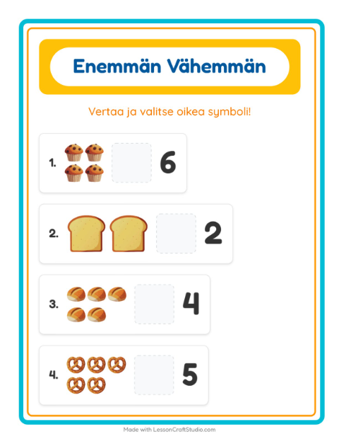 Esikatselu: Enemmän Vai Vähemmän-tehtäväarkki, aiheena Leipomo, Varhaiskasvatus