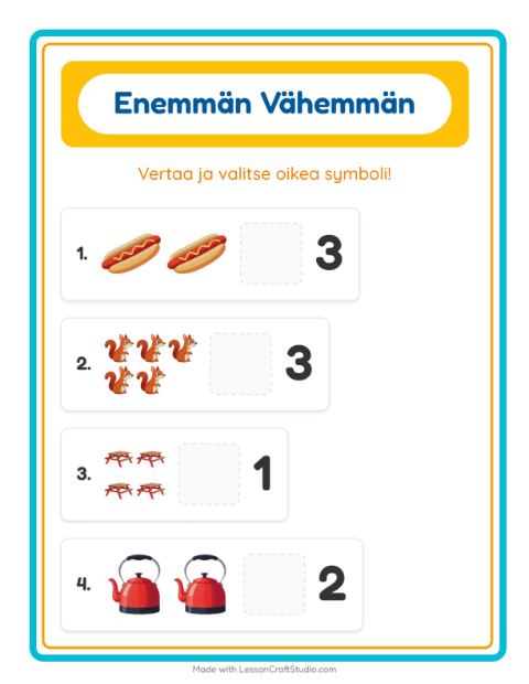 Esikatselu: Enemmän Vai Vähemmän-tehtäväarkki, aiheena Leirielämä, Varhaiskasvatus