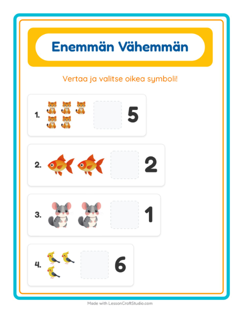 Esikatselu: Enemmän Vai Vähemmän-tehtäväarkki, aiheena Lemmikit, Varhaiskasvatus