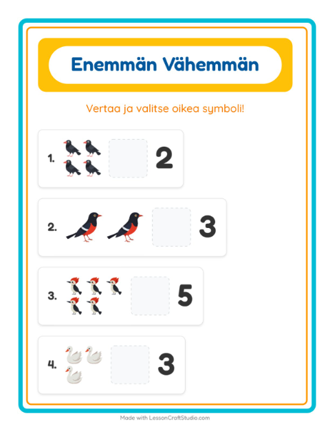 Esikatselu: Enemmän Vai Vähemmän-tehtäväarkki, aiheena Linnut 2, Varhaiskasvatus