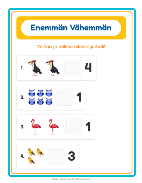 Esikatselu: Enemmän Vai Vähemmän-tehtäväarkki, aiheena Linnut, Varhaiskasvatus