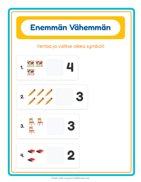 Esikatselu: Enemmän Vai Vähemmän-tehtäväarkki, aiheena Luokkahuone, Varhaiskasvatus