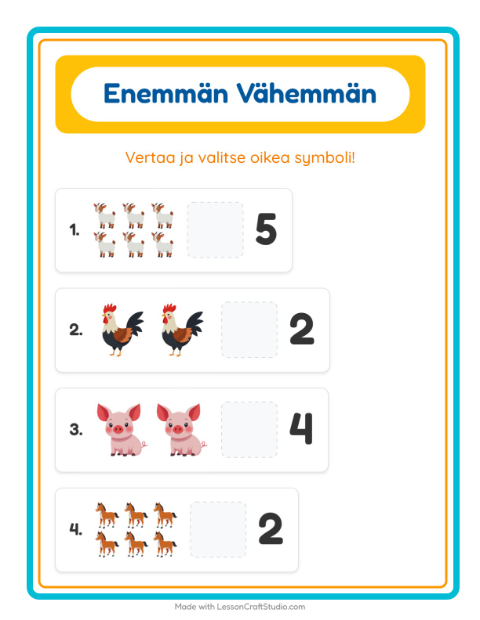 Esikatselu: Enemmän Vai Vähemmän-tehtäväarkki, aiheena Maatilan eläimet, Varhaiskasvatus