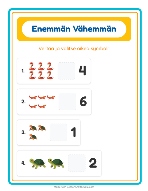 Esikatselu: Enemmän Vai Vähemmän-tehtäväarkki, aiheena Matelijat ja sammakkoeläimet, Varhaiskasvatus