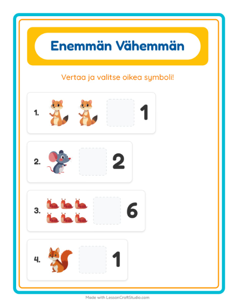 Esikatselu: Enemmän Vai Vähemmän-tehtäväarkki, aiheena Metsän eläimet, Varhaiskasvatus