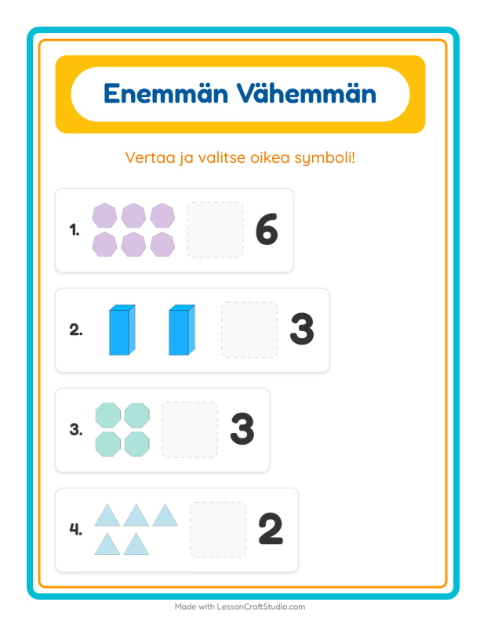 Esikatselu: Enemmän Vai Vähemmän-tehtäväarkki, aiheena Muodot, Varhaiskasvatus