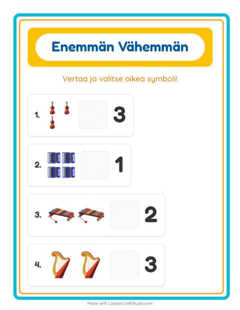 Esikatselu: Enemmän Vai Vähemmän-tehtäväarkki, aiheena Musiikki, Varhaiskasvatus