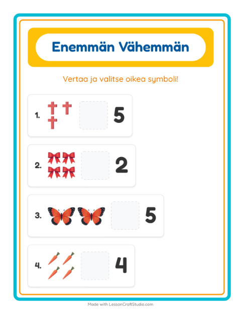 Esikatselu: Enemmän Vai Vähemmän-tehtäväarkki, aiheena Pääsiäinen, Varhaiskasvatus