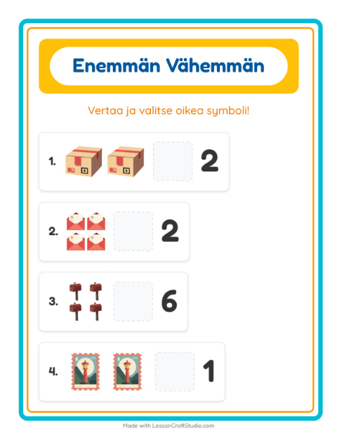Esikatselu: Enemmän Vai Vähemmän-tehtäväarkki, aiheena Postitoimisto, Varhaiskasvatus