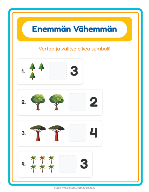 Esikatselu: Enemmän Vai Vähemmän-tehtäväarkki, aiheena Puut, Varhaiskasvatus