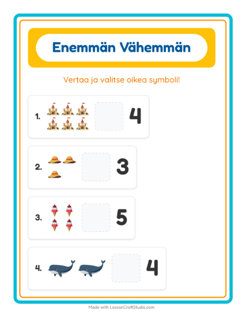 Esikatselu: Enemmän Vai Vähemmän-tehtäväarkki, aiheena Ranta, Varhaiskasvatus