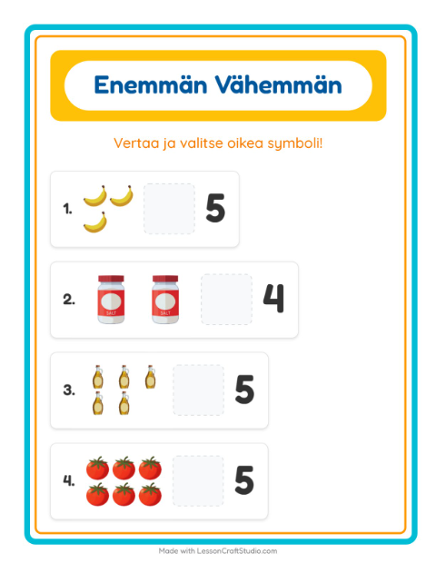Esikatselu: Enemmän Vai Vähemmän-tehtäväarkki, aiheena Ruokakaupassa, Varhaiskasvatus