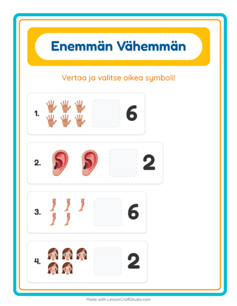 Esikatselu: Enemmän Vai Vähemmän-tehtäväarkki, aiheena Ruumiinosat, Varhaiskasvatus