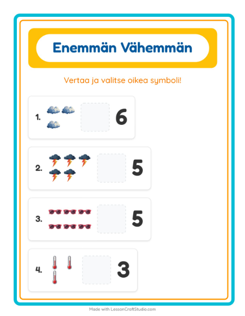 Esikatselu: Enemmän Vai Vähemmän-tehtäväarkki, aiheena Sää, Varhaiskasvatus