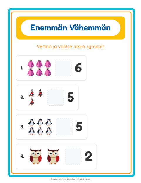Esikatselu: Enemmän Vai Vähemmän-tehtäväarkki, aiheena Talvi, Varhaiskasvatus