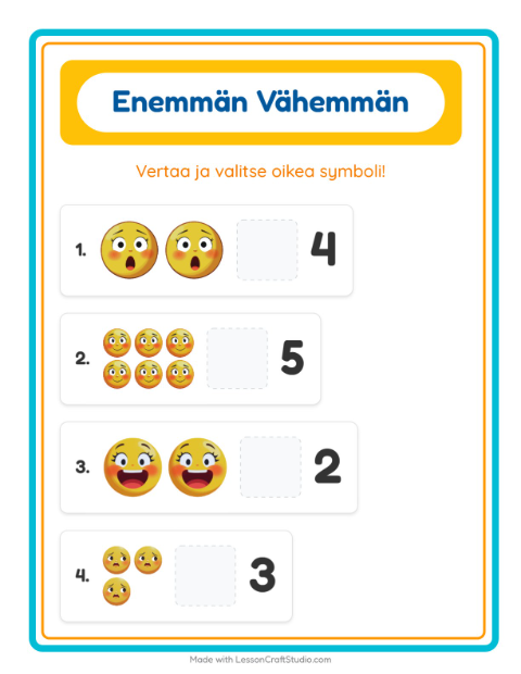 Esikatselu: Enemmän Vai Vähemmän-tehtäväarkki, aiheena Tunteet, Varhaiskasvatus