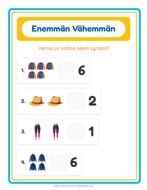 Esikatselu: Enemmän Vai Vähemmän-tehtäväarkki, aiheena Vaatteet, Varhaiskasvatus
