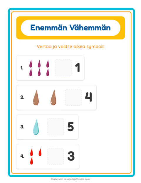 Esikatselu: Enemmän Vai Vähemmän-tehtäväarkki, aiheena Värit, Varhaiskasvatus