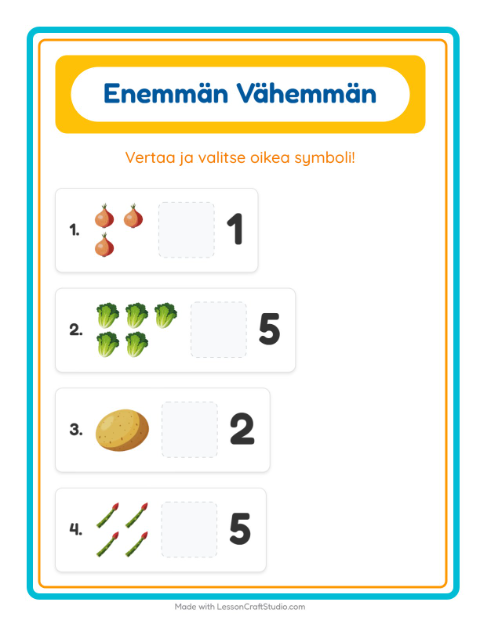 Esikatselu: Enemmän Vai Vähemmän-tehtäväarkki, aiheena Vihannekset, Varhaiskasvatus