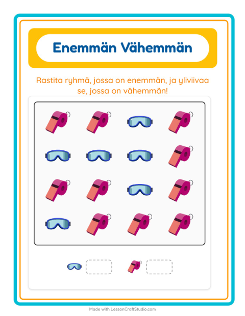 Esikatselu: Enemmän Vai Vähemmän-tehtäväarkki, aiheena Asusteet, Varhaiskasvatus