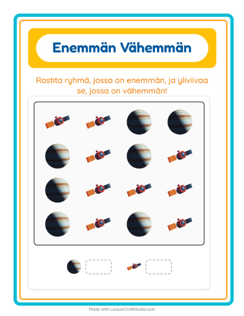 Esikatselu: Enemmän Vai Vähemmän-tehtäväarkki, aiheena Avaruus, Varhaiskasvatus