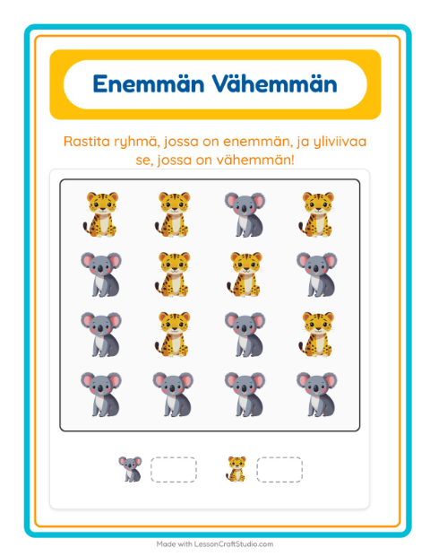 Esikatselu: Enemmän Vai Vähemmän-tehtäväarkki, aiheena Eläimet, Varhaiskasvatus