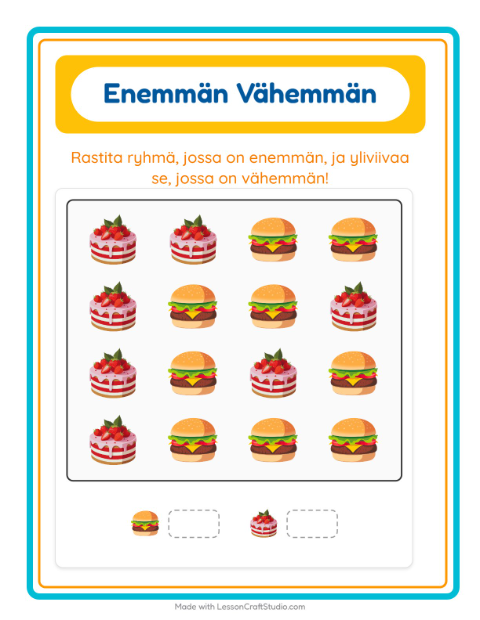 Esikatselu: Enemmän Vai Vähemmän-tehtäväarkki, aiheena Heinäkuun 4., Varhaiskasvatus