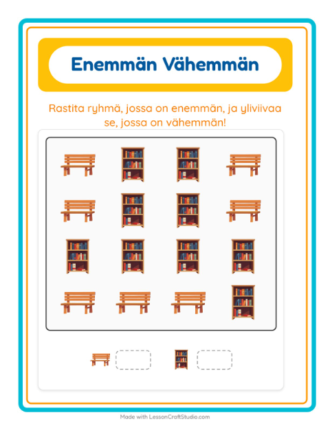 Esikatselu: Enemmän Vai Vähemmän-tehtäväarkki, aiheena Huonekalut, Varhaiskasvatus