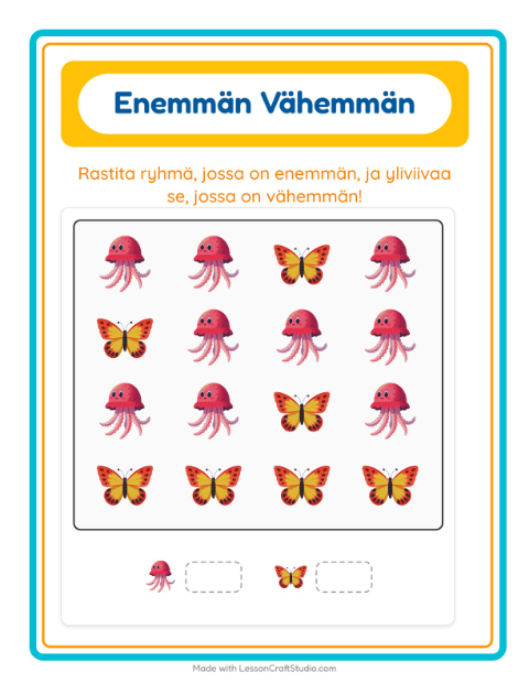 Esikatselu: Enemmän Vai Vähemmän-tehtäväarkki, aiheena Kesä, Varhaiskasvatus