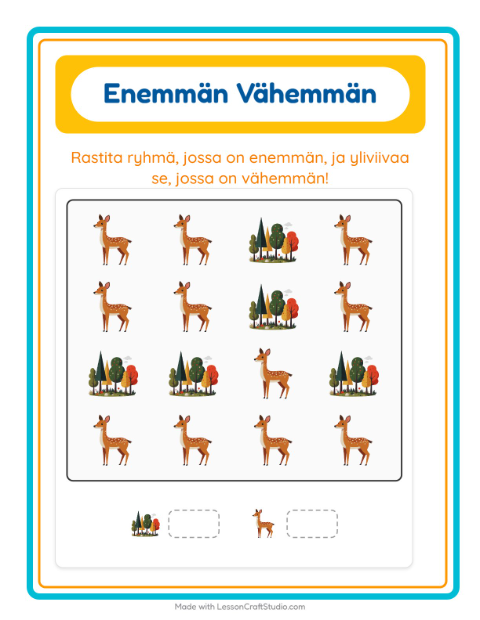 Esikatselu: Enemmän Vai Vähemmän-tehtäväarkki, aiheena Leirielämä, Varhaiskasvatus