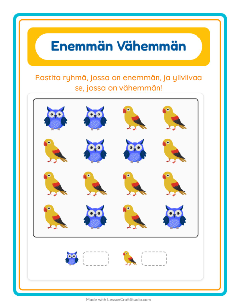Esikatselu: Enemmän Vai Vähemmän-tehtäväarkki, aiheena Linnut, Varhaiskasvatus