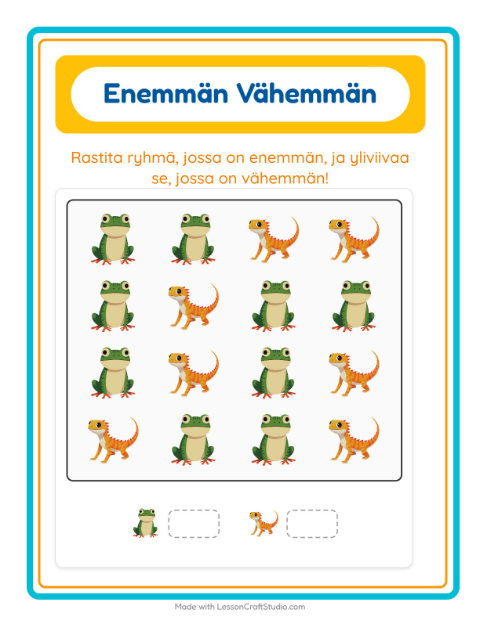 Esikatselu: Enemmän vai vähemmän: Matelijat ja sammakkoeläimet – esikouluikäisille