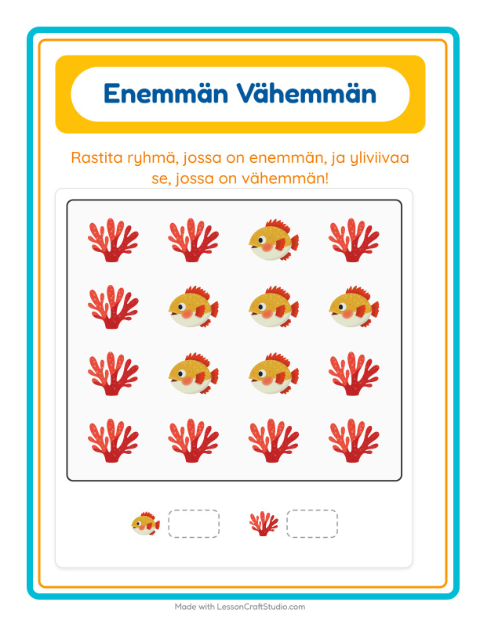 Esikatselu: Enemmän Vai Vähemmän-tehtäväarkki, aiheena Merielämä, Varhaiskasvatus