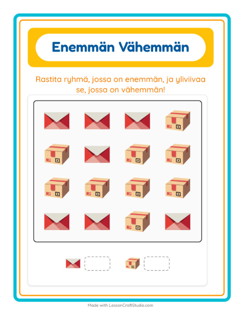 Esikatselu: Enemmän vai vähemmän: Postitoimisto – esikouluikäisille
