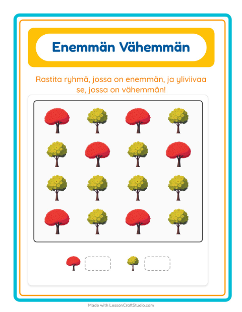 Esikatselu: Enemmän Vai Vähemmän-tehtäväarkki, aiheena Puut, Varhaiskasvatus