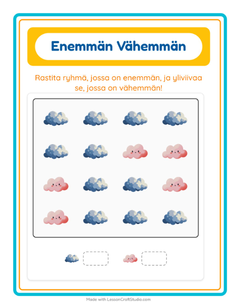 Esikatselu: Enemmän Vai Vähemmän-tehtäväarkki, aiheena Sää, Varhaiskasvatus