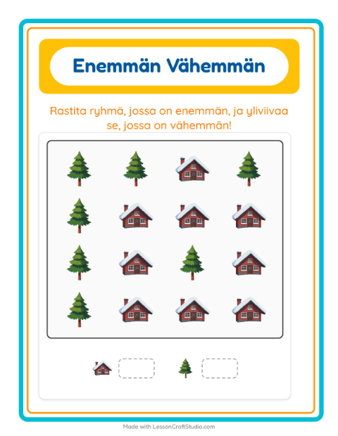 Esikatselu: Enemmän Vai Vähemmän-tehtäväarkki, aiheena Talvi, Varhaiskasvatus