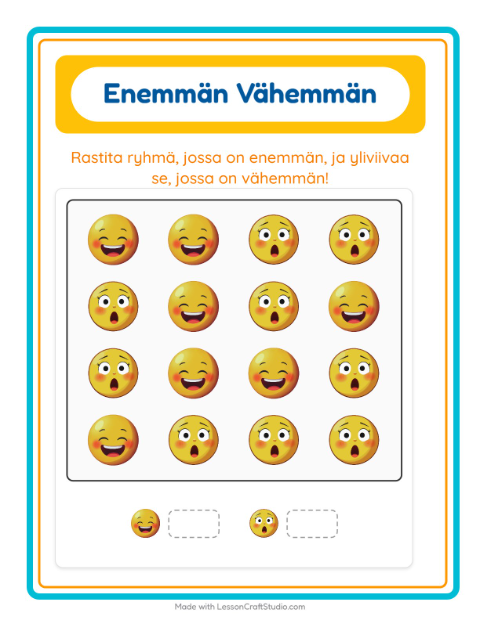 Esikatselu: Enemmän Vai Vähemmän-tehtäväarkki, aiheena Tunteet, Varhaiskasvatus
