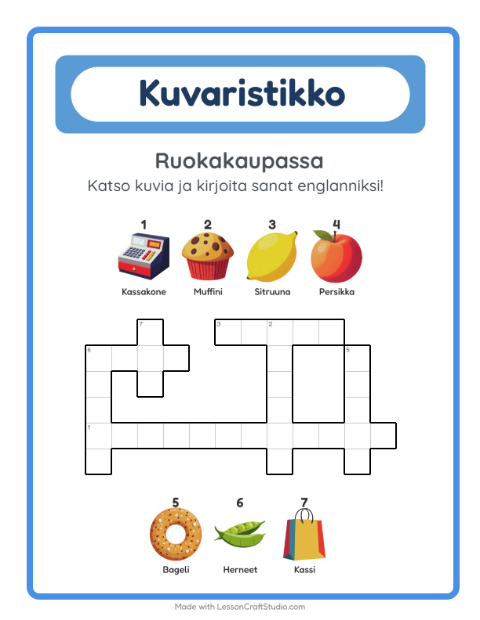 Esikatselu: Opi englantia: Ruokakaupassa – kuvaristikko lapsille