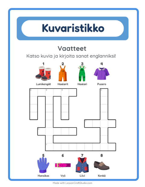Englannin kuvaristikko – Vaatteet