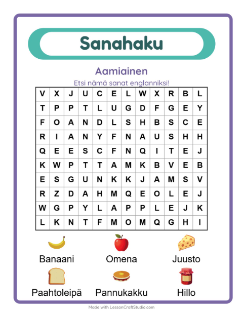 Englannin sanahaku – Aamiainen
